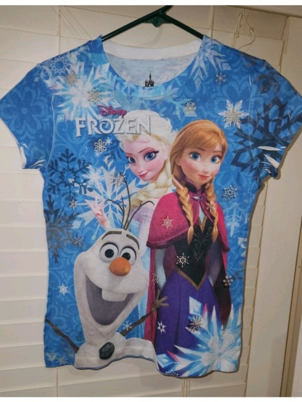 Disney FROZEN Girls Large T Shirt Elsa Anna Olaf All Over Print Blue LARGE